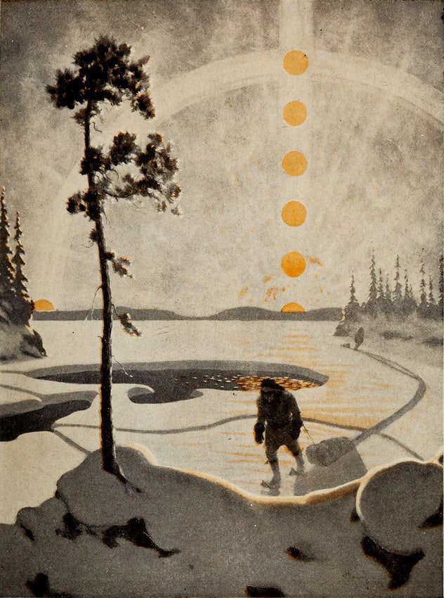 icescape with multiple suns showing the sun's trajectory down to the horizon. a lone figure approaches the foreground dragging a small sled.