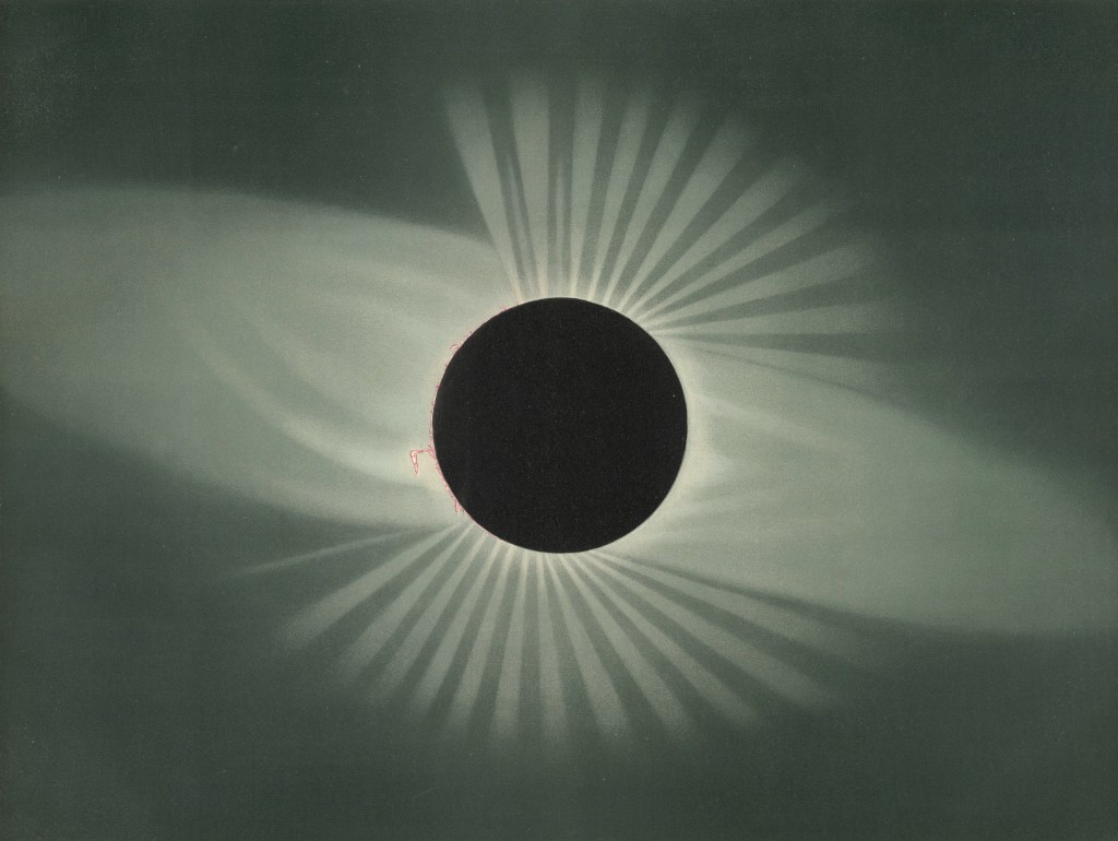 total solar eclipse rendered in stylized form, with distinct rays of light and shadow