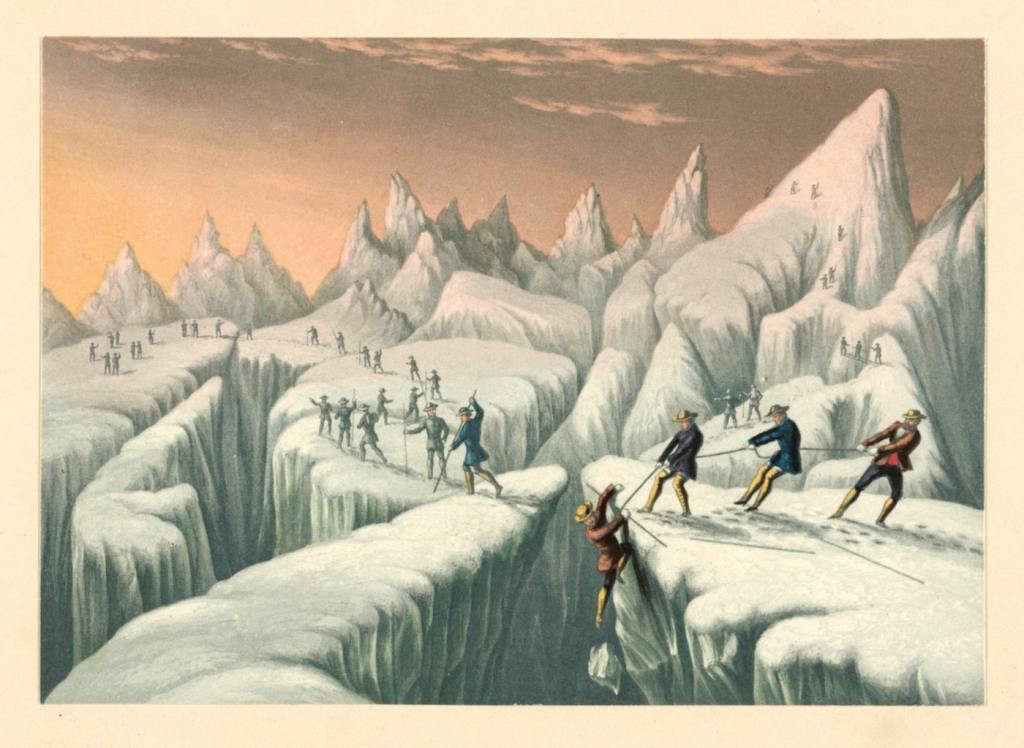 Colored print illustrating a glacial landscape with various groups of alpinist hiking and climbing over it. In the foreground three men pull a fourth man out of a crevasse.