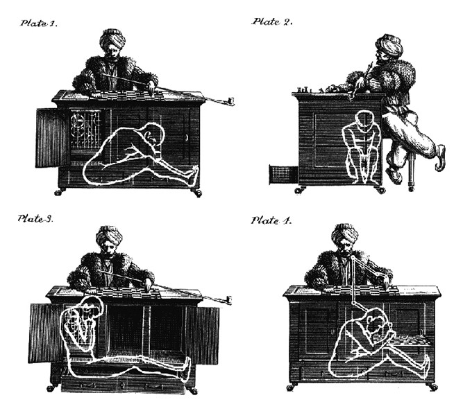 Plates showing the mechanical turk, a machine made to look as though it is an automaton playing chess, while really a person is crouched inside it controlling everything.