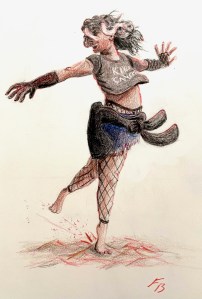 colored pencil drawing of a girl dancing. shirt says kill cancer.